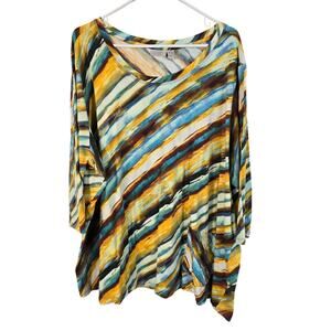 LOGO Lori Goldstein Tory Blouse Women's 5X Yellow Blue Diagonal Jersey Casual